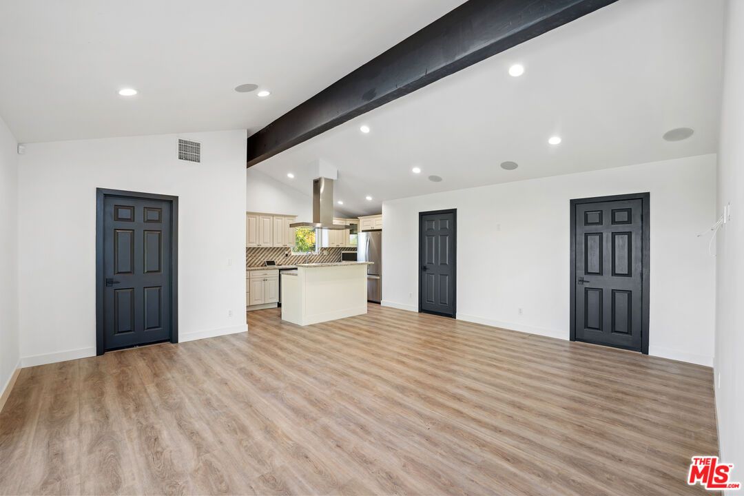 Empty room, Interior, Kitchen, Recessed Lighting, Wood Texture Flooring