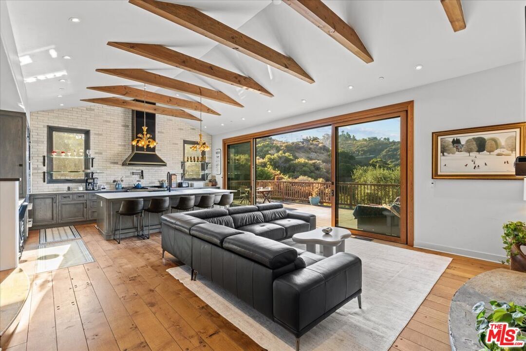 Interior, Living room, Pendant Lights, Recessed Lighting, Stone Walls, Wooden Beams, Wood Texture Flooring