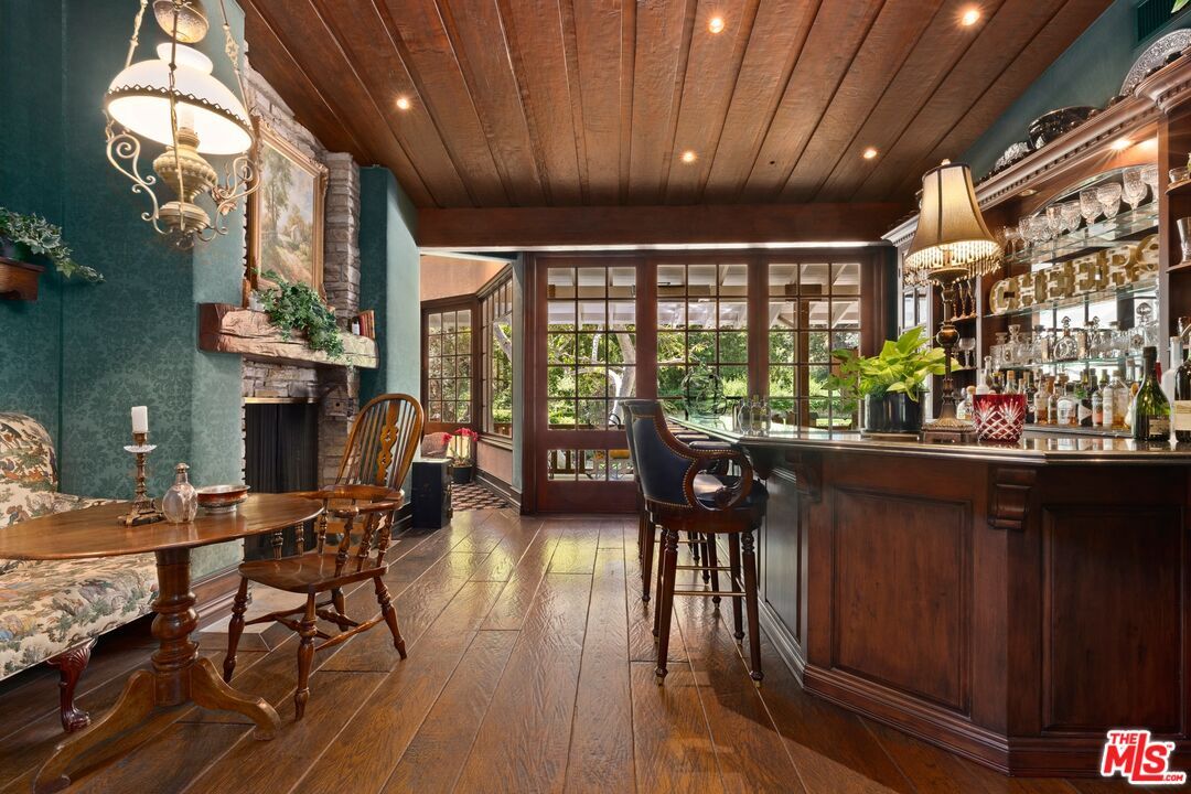 Fireplace, Interior, Pendant Lights, Recessed Lighting, Wooden Ceilings, Wood Texture Flooring