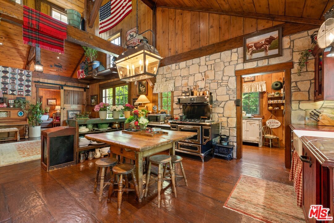 Dining room, Fireplace, Interior, Kitchen, Pendant Lights, Stone Walls, Wooden Beams, Wooden Ceilings, Wood Texture Flooring, Wooden Walls