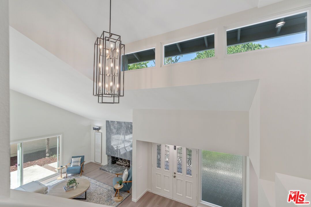 Fireplace, Interior, Living room, Pendant Lights, Wood Texture Flooring