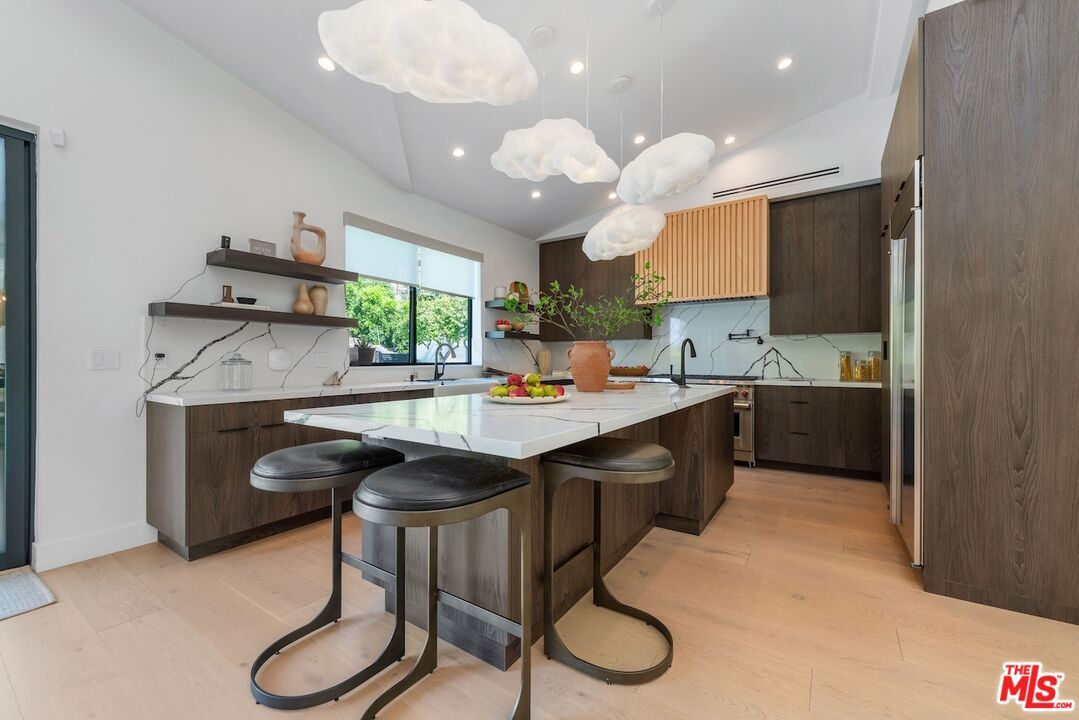 Interior, Kitchen, Marble Walls, Pendant Lights, Recessed Lighting, Wood Texture Flooring