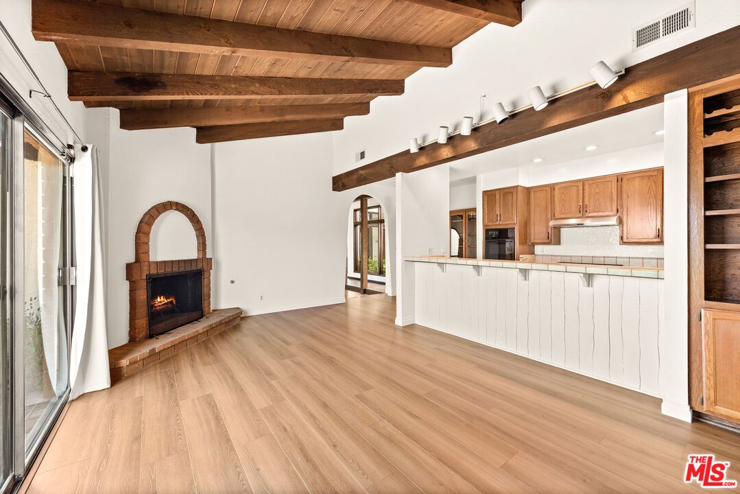 Empty room, Fireplace, Interior, Kitchen, Wooden Beams, Wooden Ceilings, Wood Texture Flooring