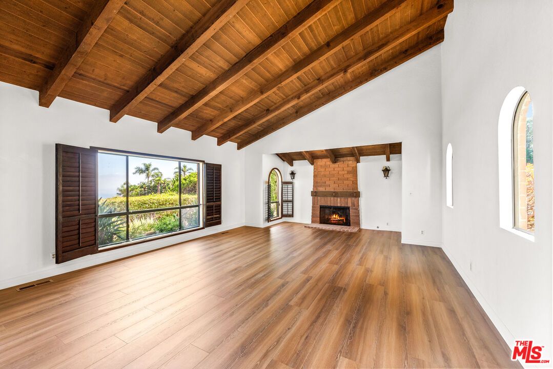 Empty room, Fireplace, Interior, Wooden Beams, Wooden Ceilings, Wood Texture Flooring