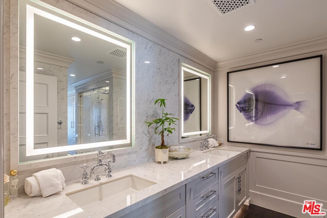 Bathroom, Dual Sink Vanities, Interior, Marble Walls, Recessed Lighting