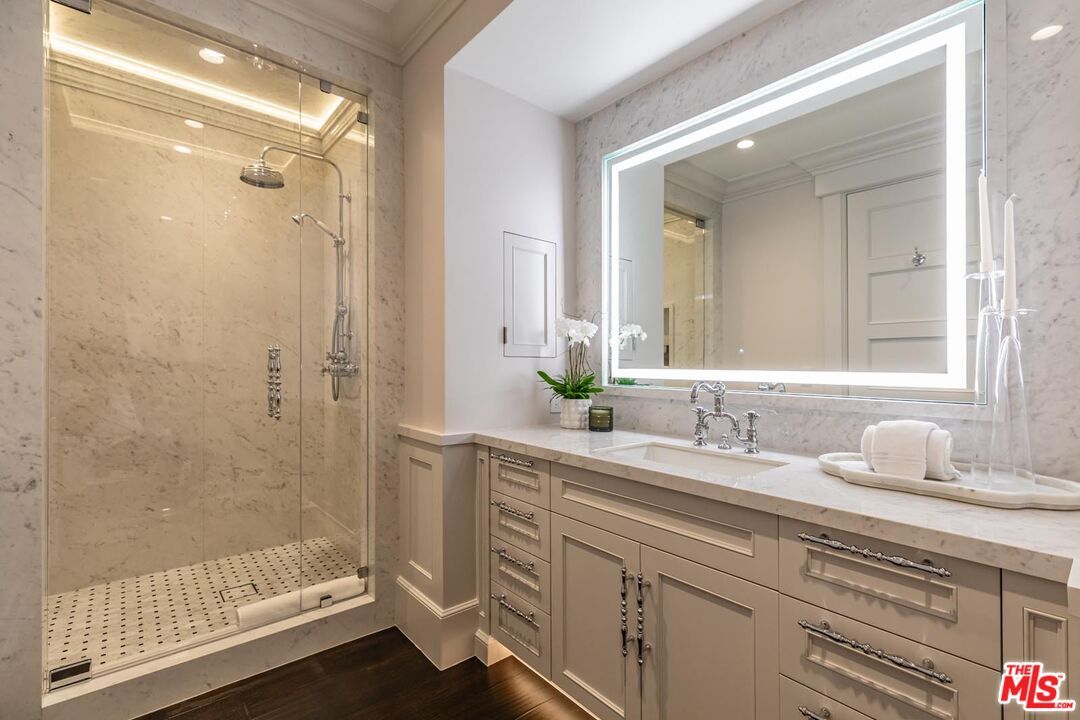 Bathroom, Glass Shower, Interior, Marble Walls, Recessed Lighting, Wood Texture Flooring
