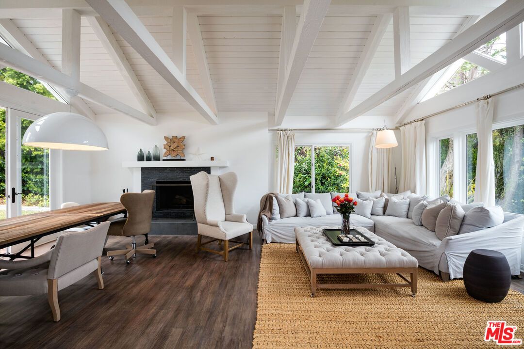 Fireplace, Interior, Living room, Pendant Lights, Wood Texture Flooring