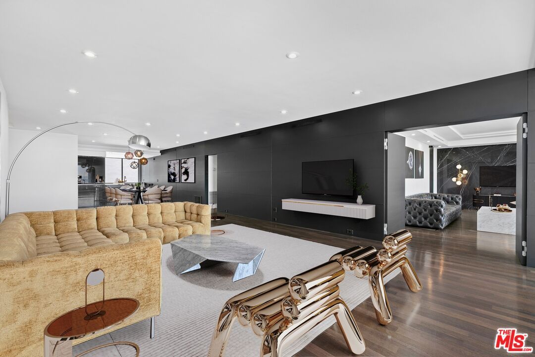 Dining room, Fireplace, Interior, Living room, Pendant Lights, Recessed Lighting, Wood Texture Flooring