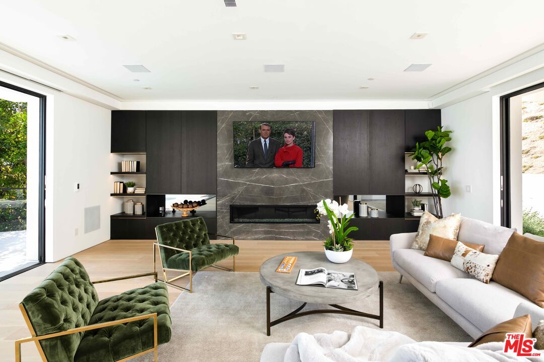 Fireplace, Interior, Living room, Marble Walls, Recessed Lighting, Wood Texture Flooring