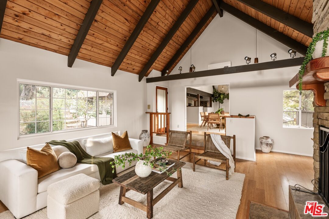 Dining room, Fireplace, Interior, Living room, Pendant Lights, Wooden Beams, Wooden Ceilings, Wood Texture Flooring