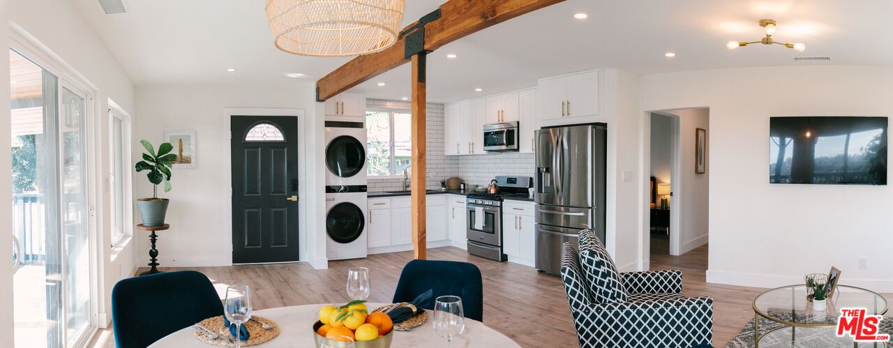 Interior, Kitchen, Recessed Lighting, Stainless Steel Appliances, Washer, Wooden Beams, Wood Texture Flooring