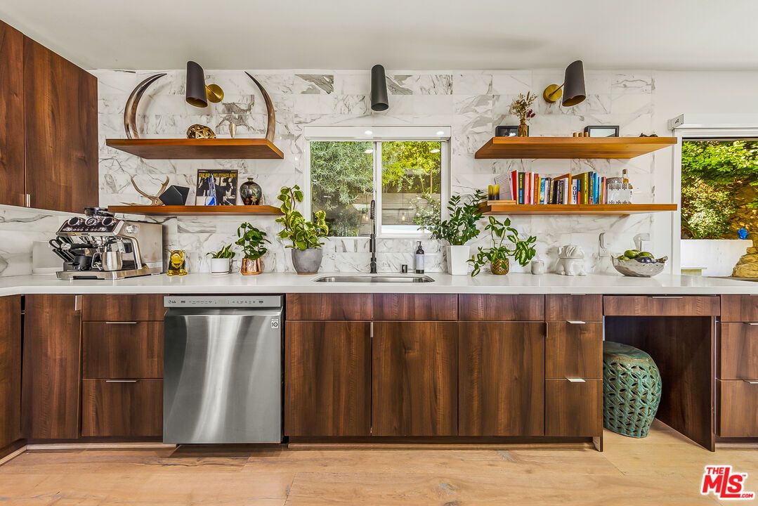 Interior, Kitchen, Marble Walls, Stainless Steel Appliances, Wood Texture Flooring