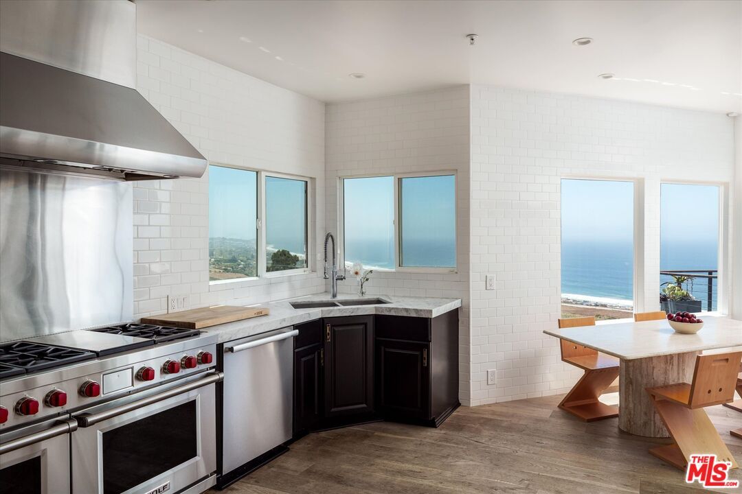 Interior, Kitchen, Recessed Lighting, Stainless Steel Appliances, Water, Wood Texture Flooring