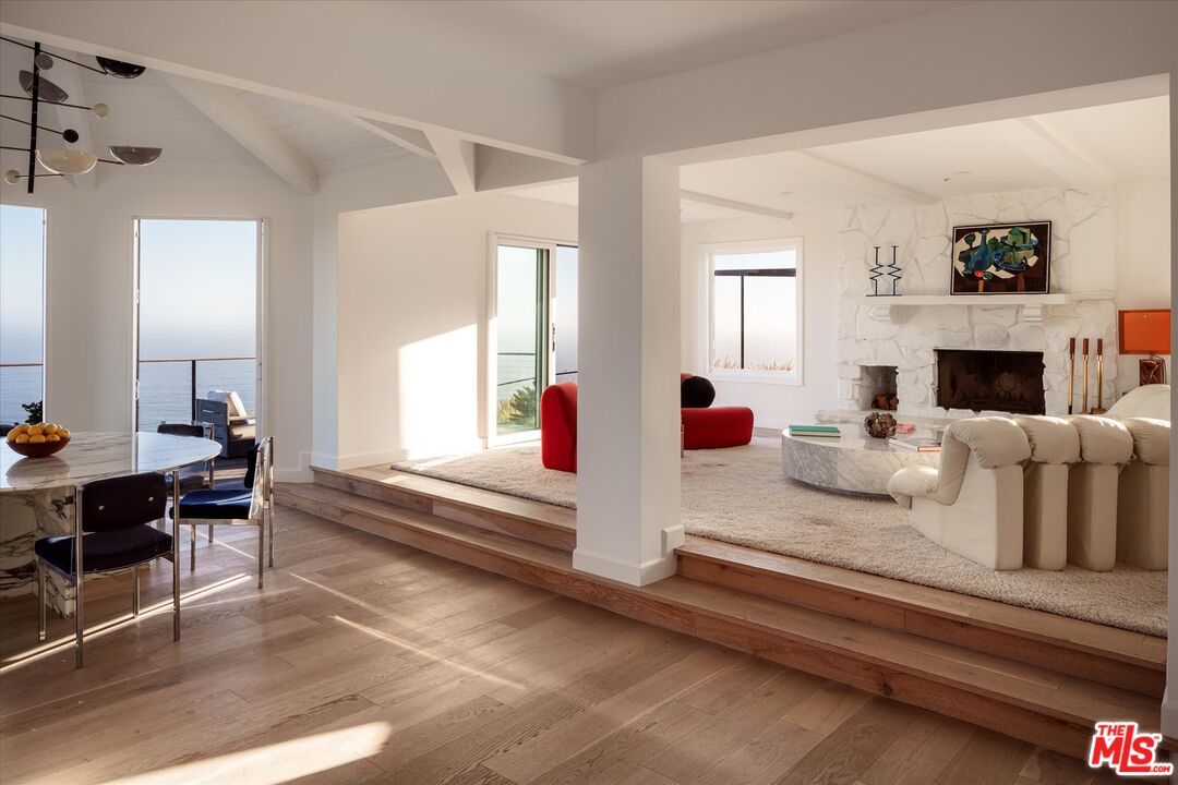 Dining room, Fireplace, Interior, Living room, Water, Wood Texture Flooring