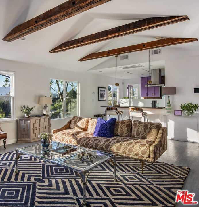 Interior, Living room, Pendant Lights, Wooden Beams, Wood Texture Flooring
