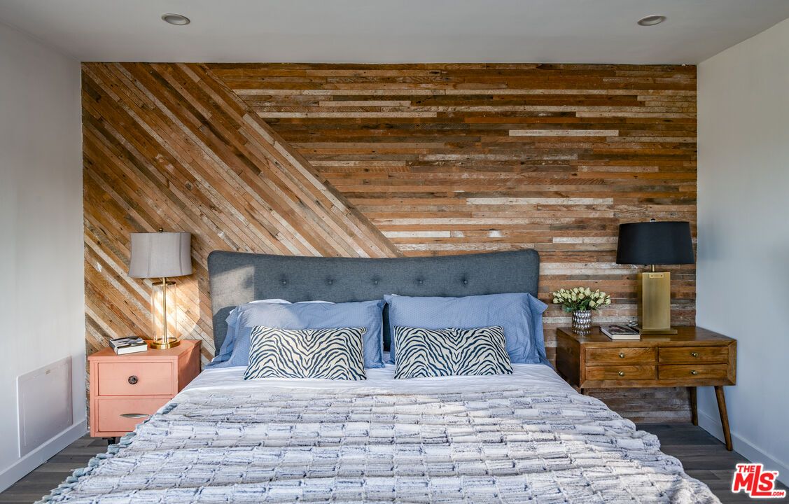 Bedroom, Interior, Recessed Lighting, Wood Texture Flooring, Wooden Walls