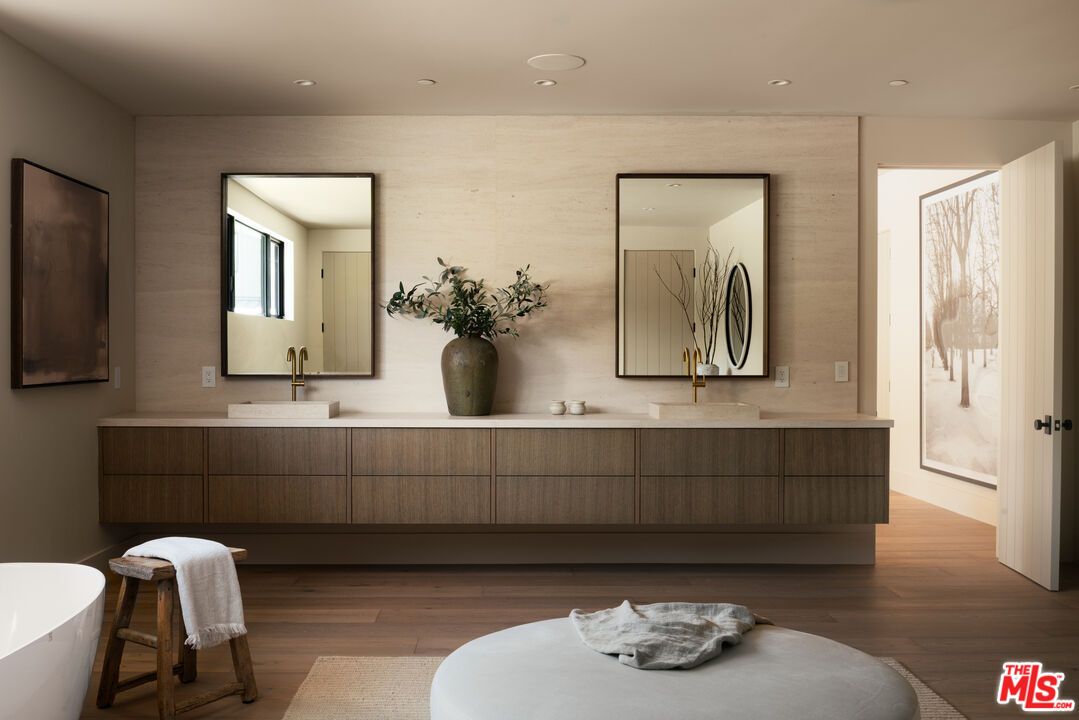 Bathroom, Dual Sink Vanities, Free Standing Baths, Interior, Recessed Lighting, Wood Texture Flooring