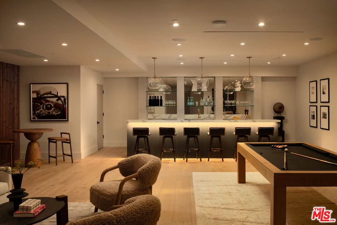 Billiard Table, Game Room, Interior, Pendant Lights, Recessed Lighting, Wood Texture Flooring