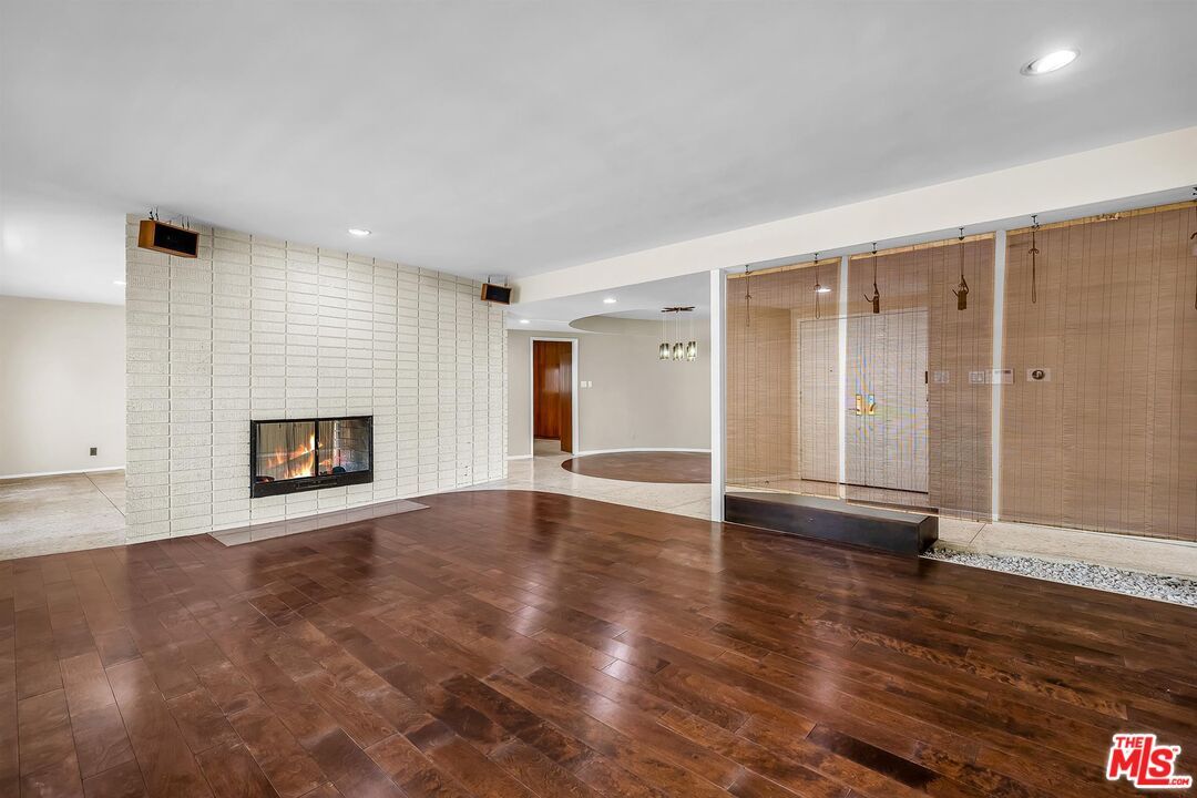 Empty room, Fireplace, Interior, Recessed Lighting, Wood Texture Flooring