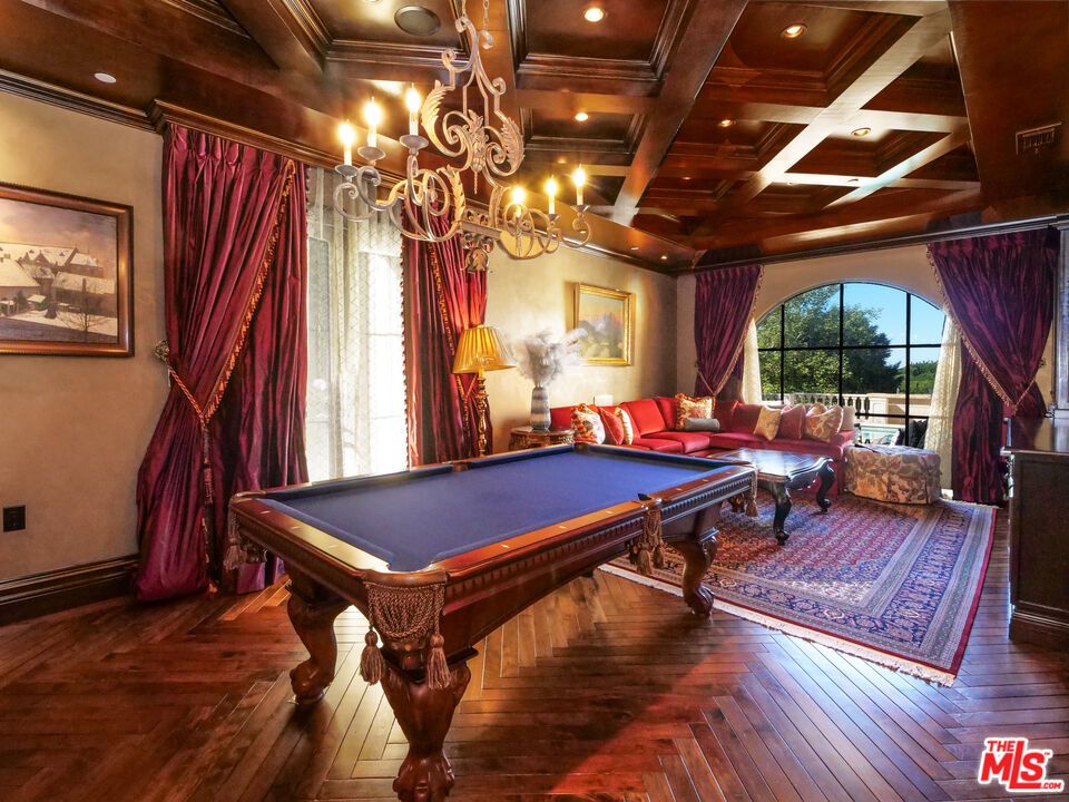 Billiard Table, Chandelier, Game Room, Interior, Recessed Lighting, Wooden Beams, Wood Texture Flooring