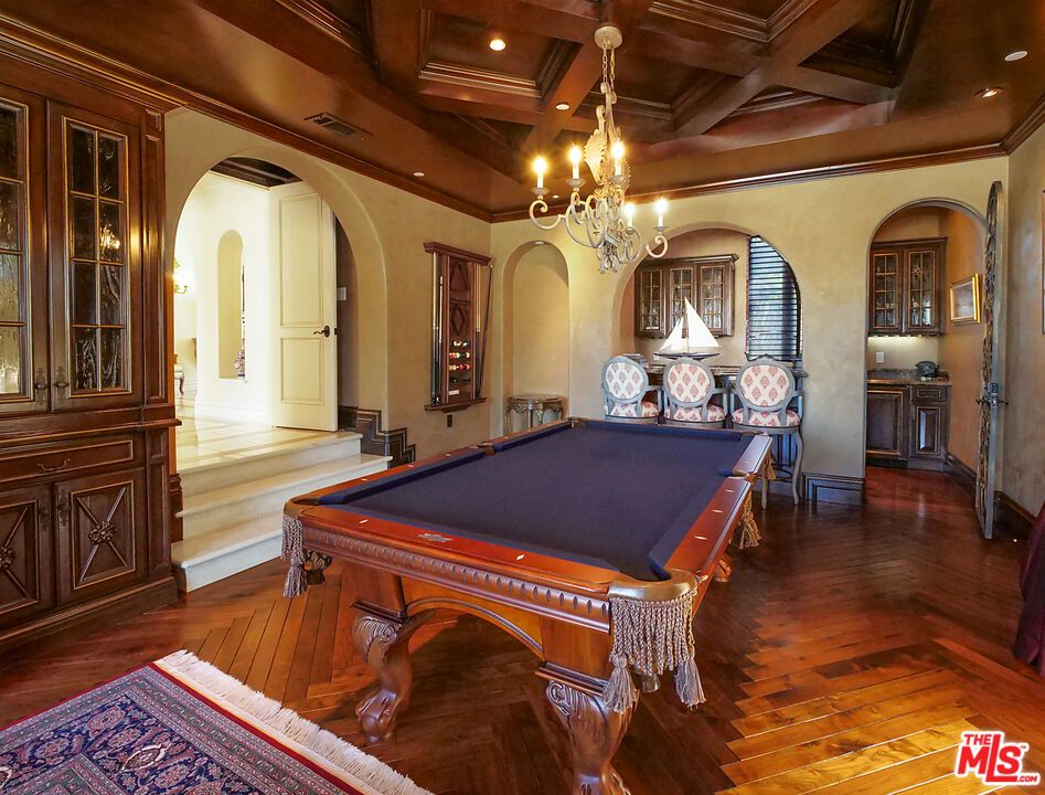 Billiard Table, Chandelier, Game Room, Interior, Recessed Lighting, Wooden Beams, Wooden Ceilings, Wood Texture Flooring