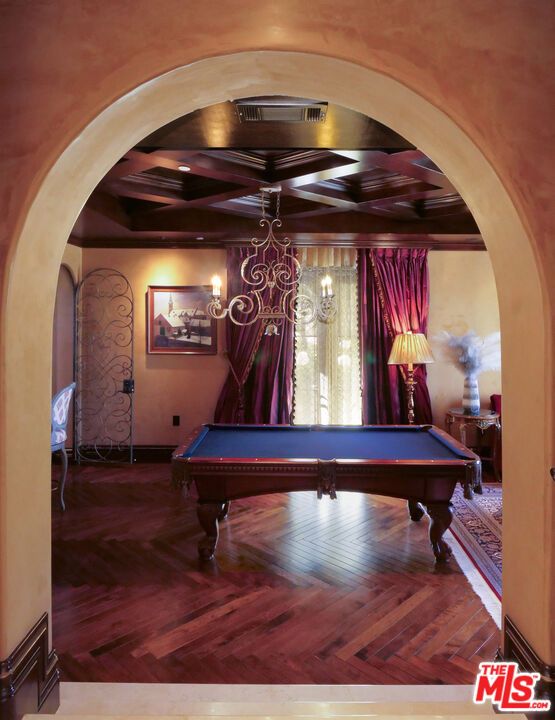 Billiard Table, Chandelier, Game Room, Interior, Wood Texture Flooring