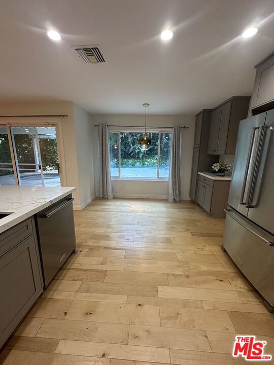 Interior, Kitchen, Pendant Lights, Recessed Lighting, Wood Texture Flooring