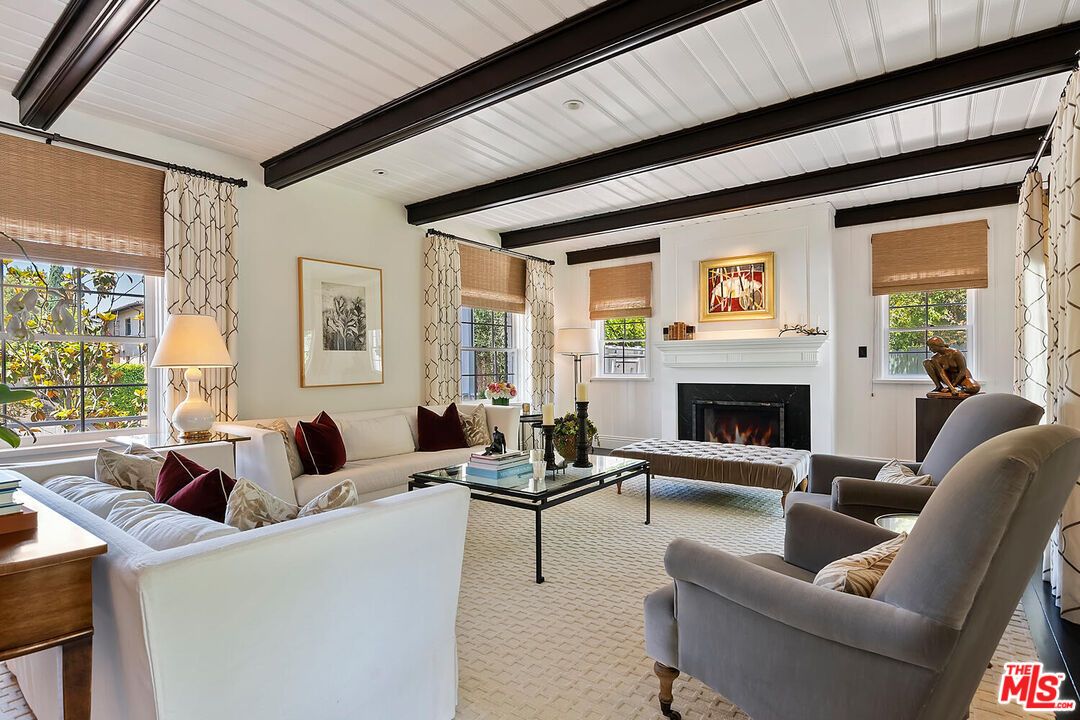 Fireplace, Interior, Living room, Recessed Lighting, Wooden Beams