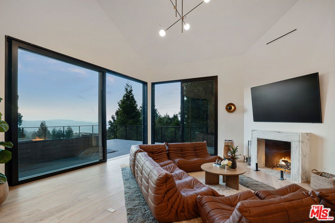 Fireplace, Interior, Living room, Pendant Lights, Wood Texture Flooring