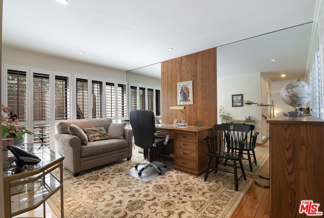 Home Office, Interior, Recessed Lighting, Wood Texture Flooring, Wooden Walls