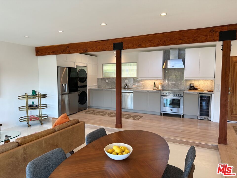 Dining room, Interior, Kitchen, Recessed Lighting, Stainless Steel Appliances, Wood Texture Flooring