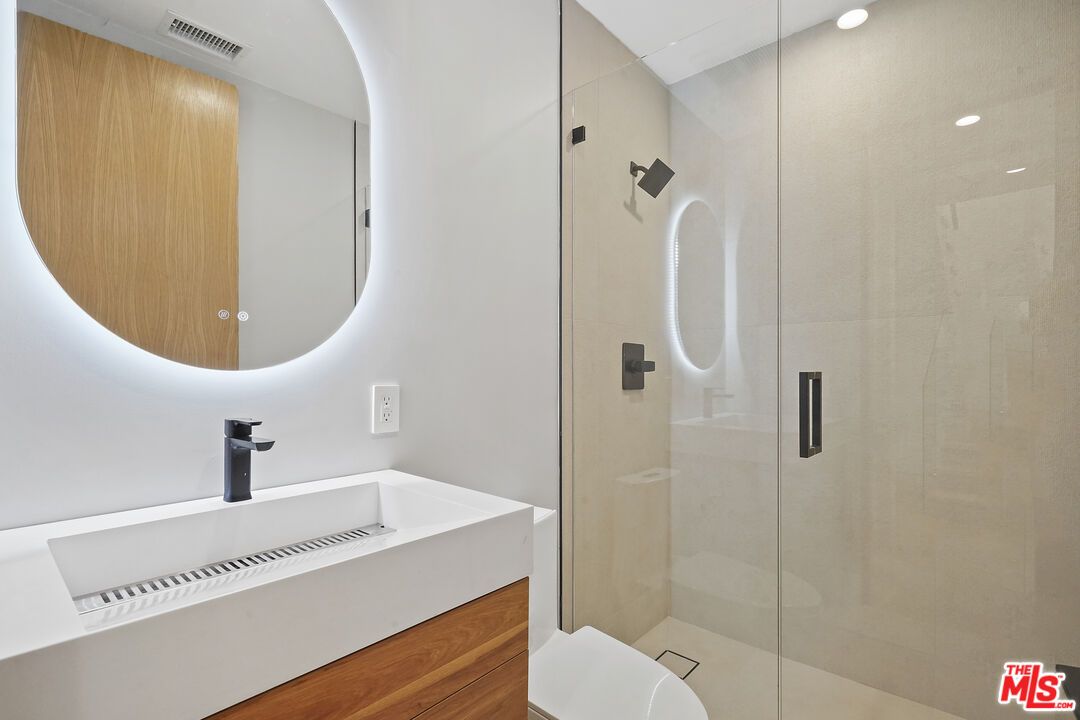 Bathroom, Glass Shower, Interior, Recessed Lighting, Wood Texture Flooring