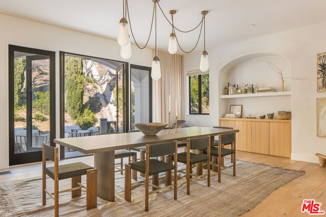 Dining room, Interior, Pendant Lights, Wood Texture Flooring