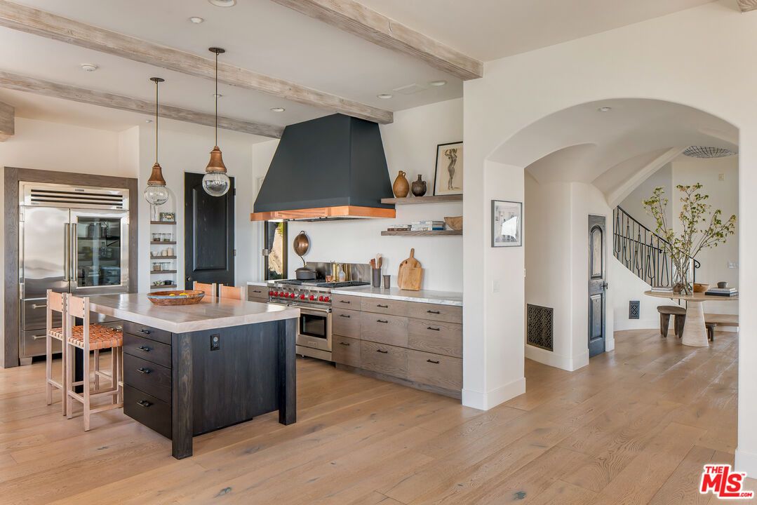 Interior, Kitchen, Pendant Lights, Recessed Lighting, Stainless Steel Appliances, Wooden Beams, Wood Texture Flooring