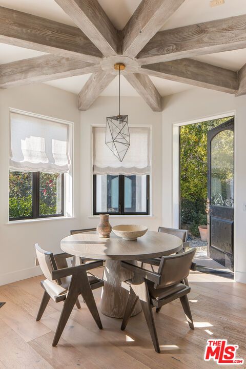 Dining room, Interior, Pendant Lights, Wooden Beams, Wood Texture Flooring