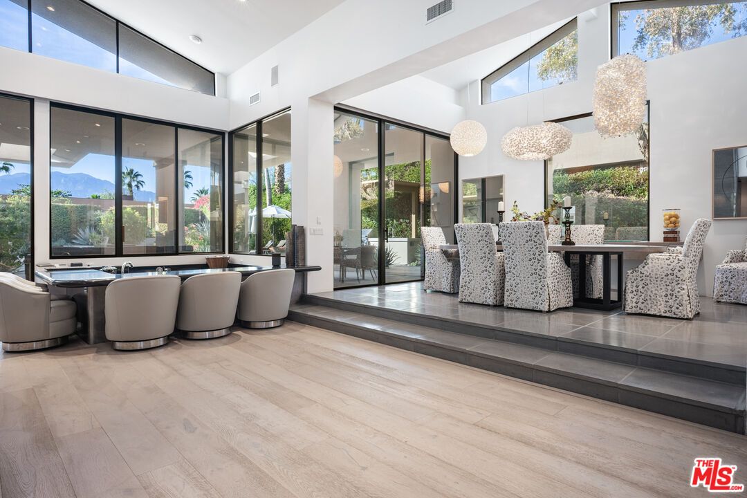 Dining room, Interior, Pendant Lights, Recessed Lighting, Wood Texture Flooring