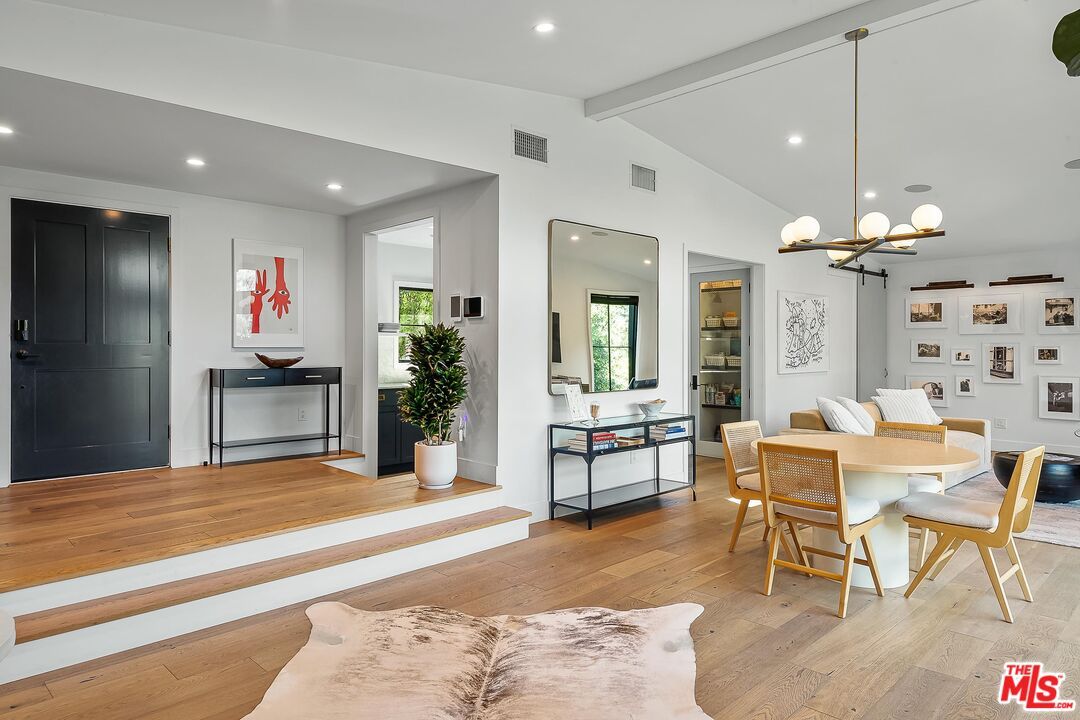 Dining room, Interior, Pendant Lights, Recessed Lighting, Wood Texture Flooring