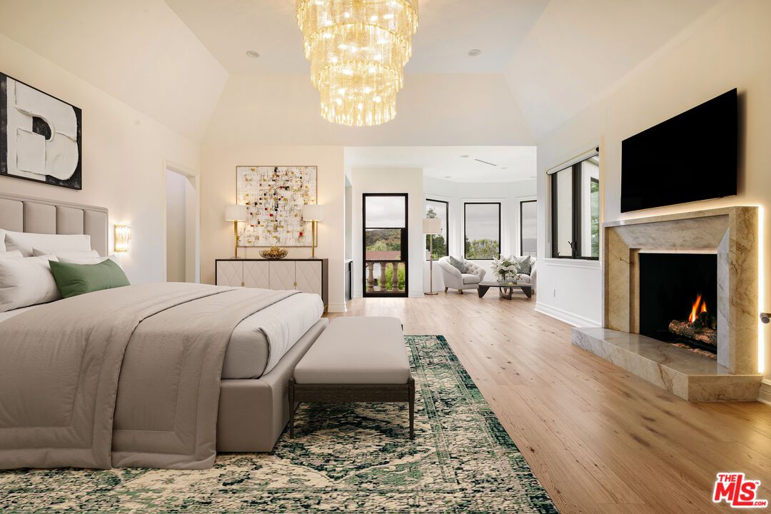 Bedroom, Chandelier, Fireplace, Interior, Recessed Lighting, Wood Texture Flooring