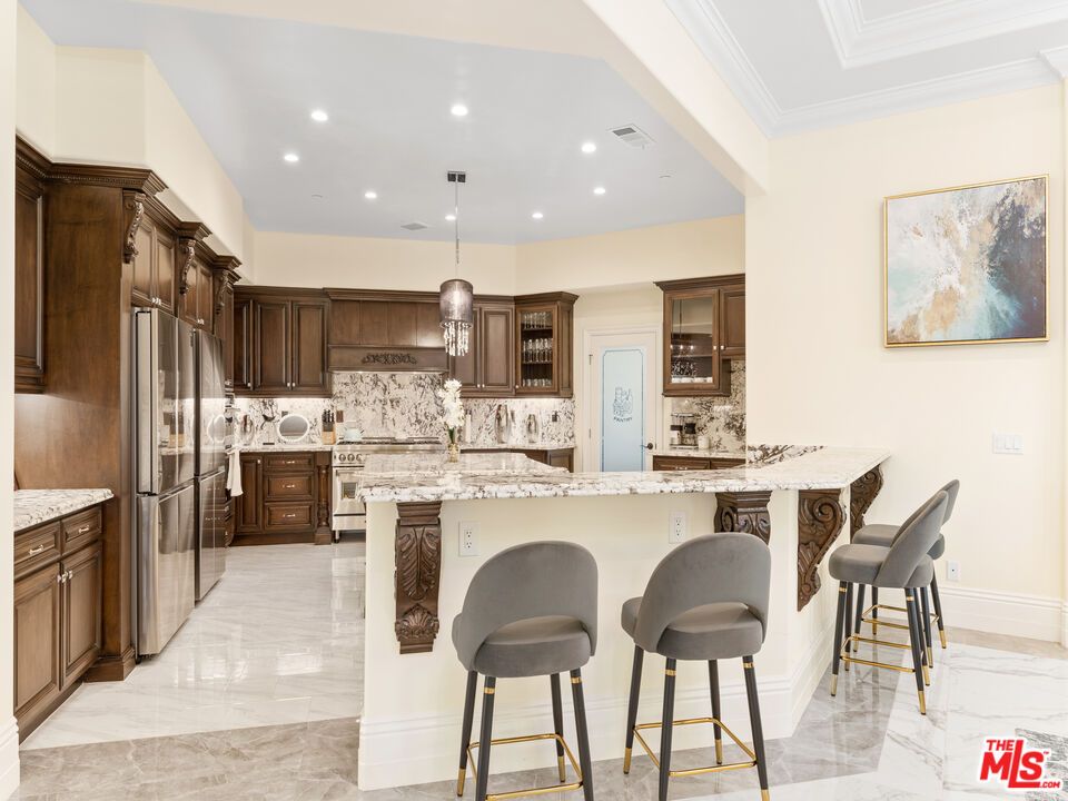 Interior, Kitchen, Marble, Pendant Lights, Recessed Lighting, Stainless Steel Appliances
