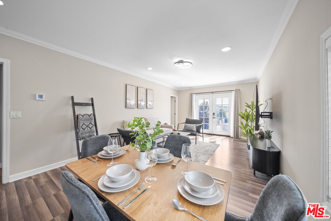 Dining room, Fireplace, Interior, Living room, Recessed Lighting, Wood Texture Flooring
