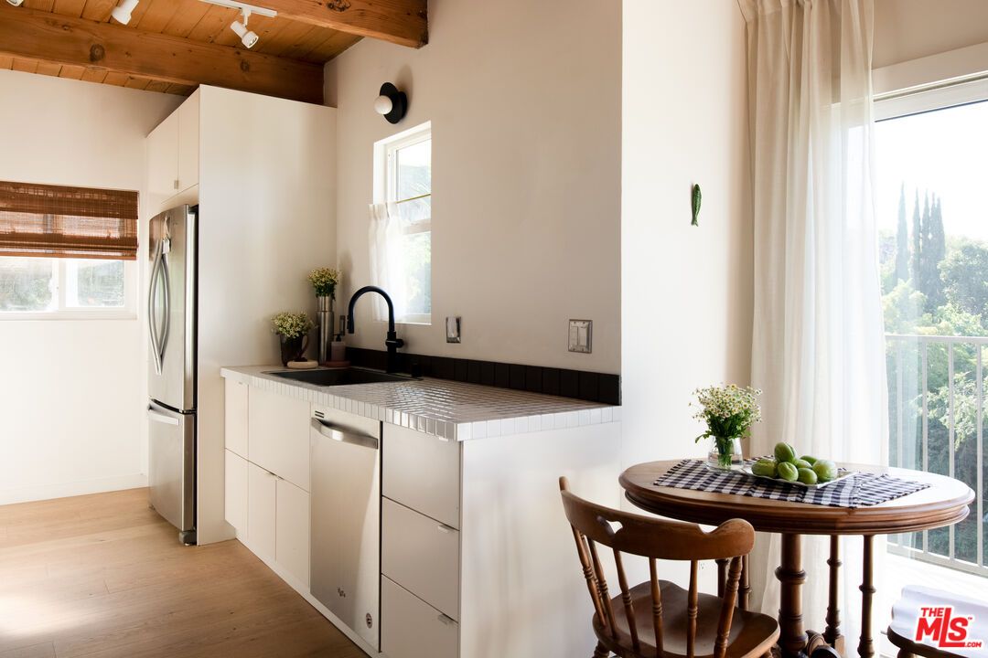 Interior, Kitchen, Stainless Steel Appliances, Tile Countertops, Wooden Beams, Wooden Ceilings, Wood Texture Flooring