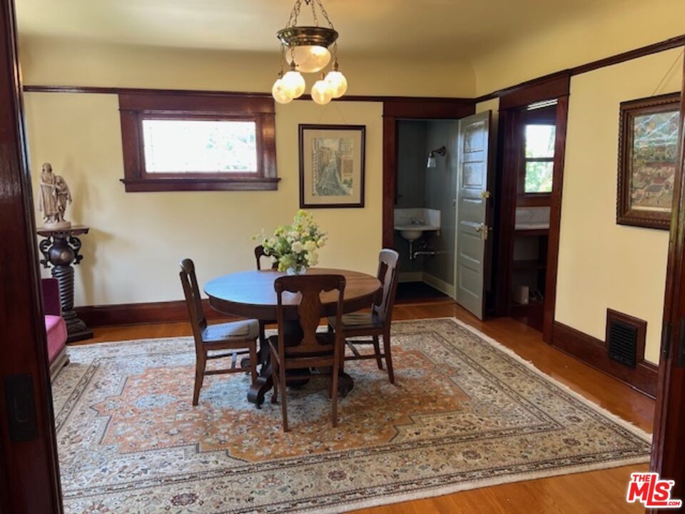 Dining room, Interior, Pendant Lights, Wood Texture Flooring