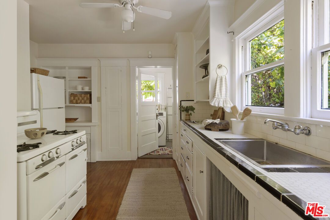 Interior, Kitchen, Tile Countertops, Wood Texture Flooring