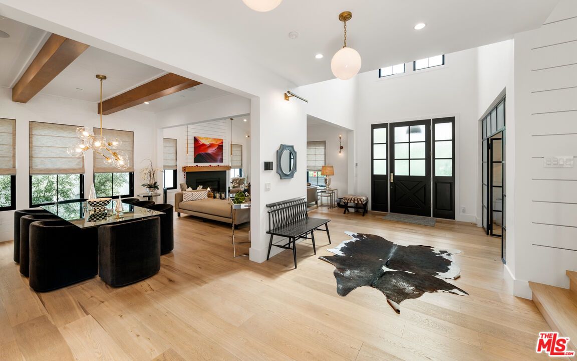 Fireplace, Interior, Living room, Pendant Lights, Recessed Lighting, Wooden Beams, Wood Texture Flooring