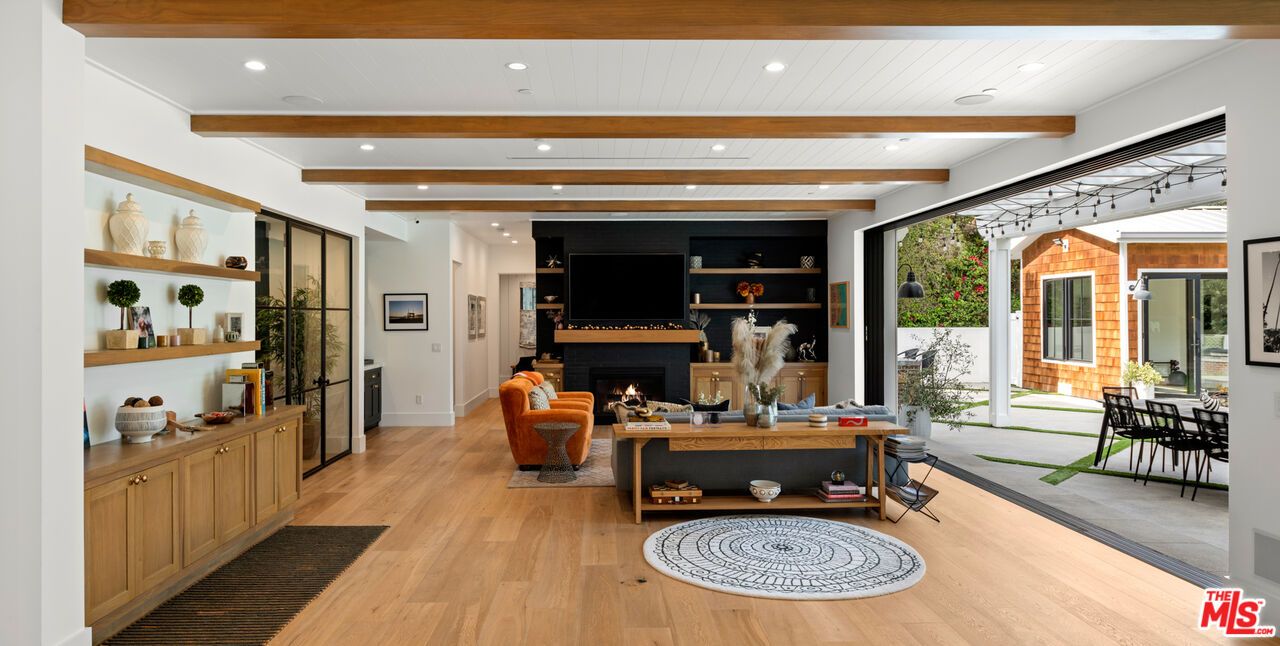 Dining room, Fireplace, Interior, Living room, Recessed Lighting, Wooden Beams, Wood Texture Flooring