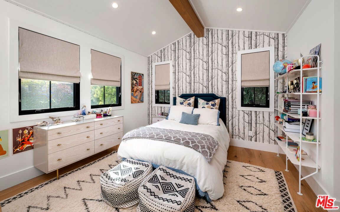 Bedroom, Interior, Recessed Lighting, Wooden Beams, Wood Texture Flooring