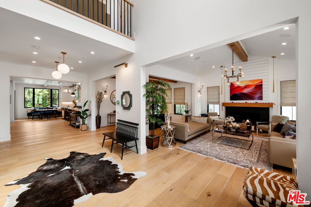 Fireplace, Interior, Living room, Pendant Lights, Recessed Lighting, Wooden Beams, Wood Texture Flooring