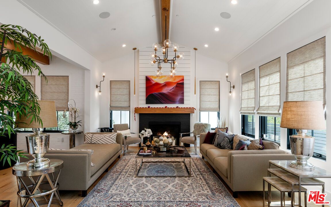 Fireplace, Interior, Living room, Pendant Lights, Recessed Lighting, Wooden Beams, Wood Texture Flooring