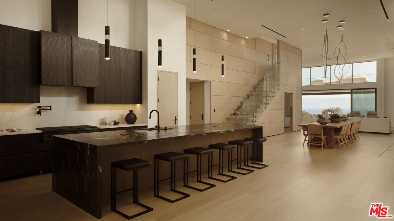 Dining room, Interior, Kitchen, Pendant Lights, Recessed Lighting, Water, Wood Texture Flooring