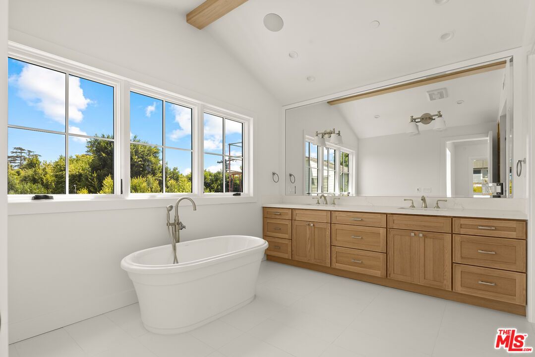 Bathroom, Dual Sink Vanities, Free Standing Baths, Interior, Recessed Lighting, Wooden Beams